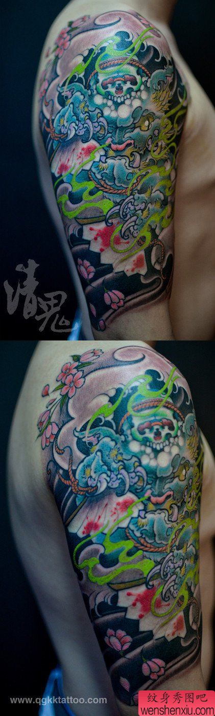 男性手臂经典超酷的唐狮子纹身图案