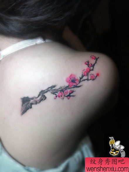 美女后肩背小巧唯美的梅花纹身图案