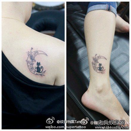 流行流行的月亮与猫咪纹身图案