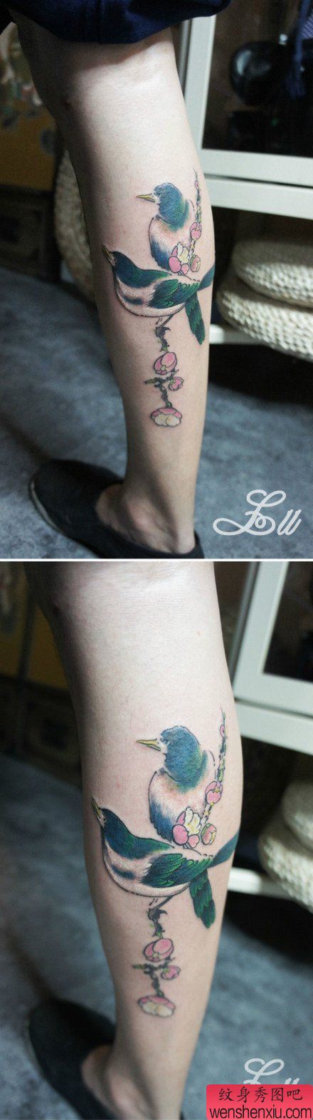 腿部流行精美的喜鹊梅花纹身图案