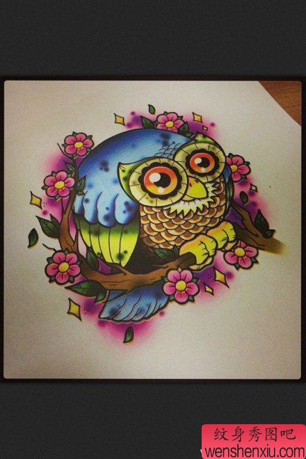 一幅可爱很萌的猫头鹰纹身手稿
