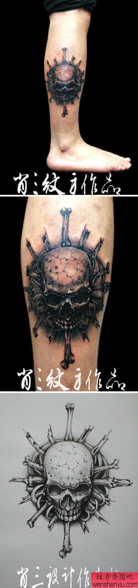 腿部流行超酷的骷髅纹身图案