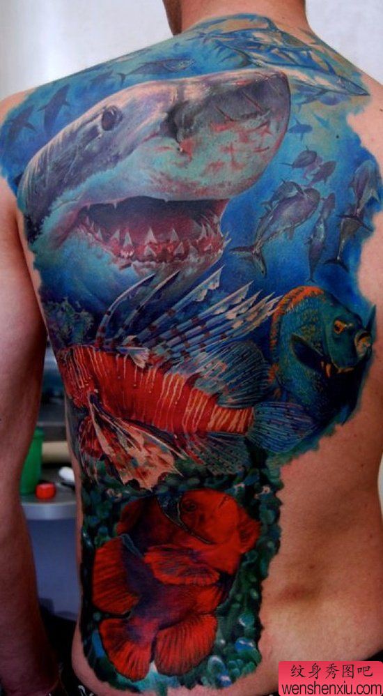 男性后背超酷的半背鲨鱼纹身图案