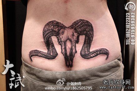 腰部流行帅气的羊骨纹身图案