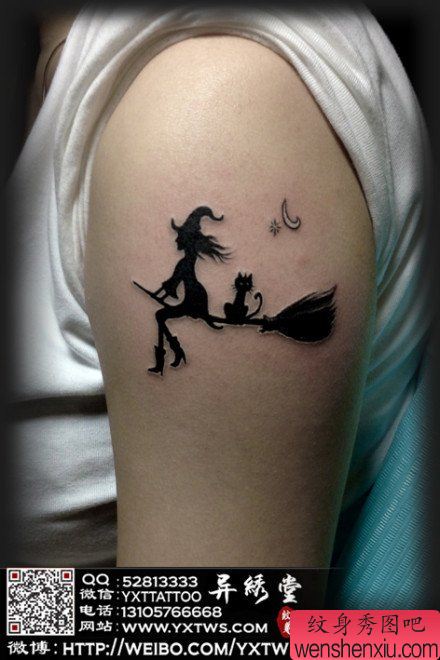 手臂可爱流行的女巫与猫咪纹身图案