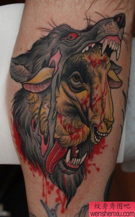 腿部超酷经典的school狼头纹身图案