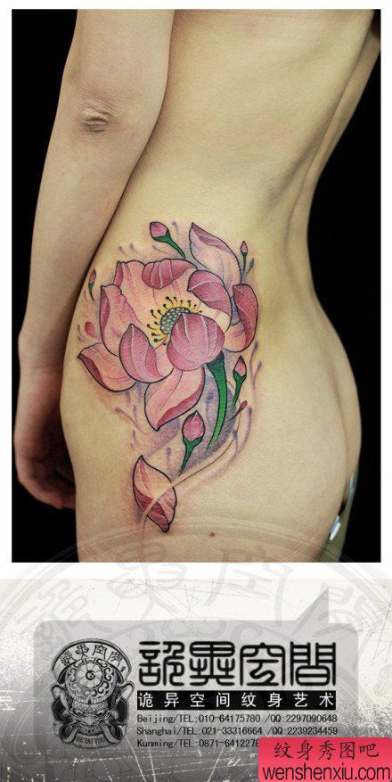 臀部好看精美的莲花纹身图案