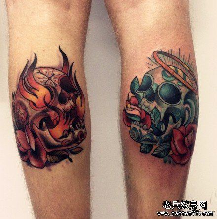 腿部漂亮流行的情侣欧美骷髅纹身图案