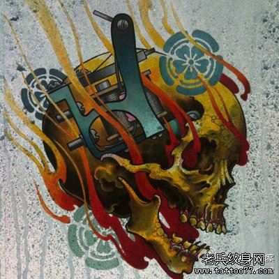 漂亮经典的一幅彩色骷髅纹身手稿