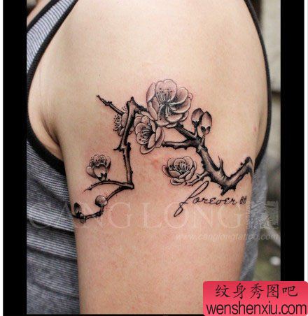 手臂漂亮唯美的黑白梅花纹身图案