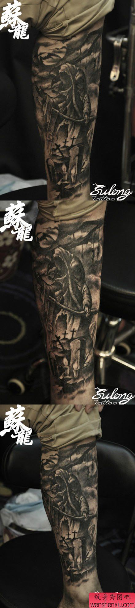 腿部霸气超帅的黑白死神纹身图案