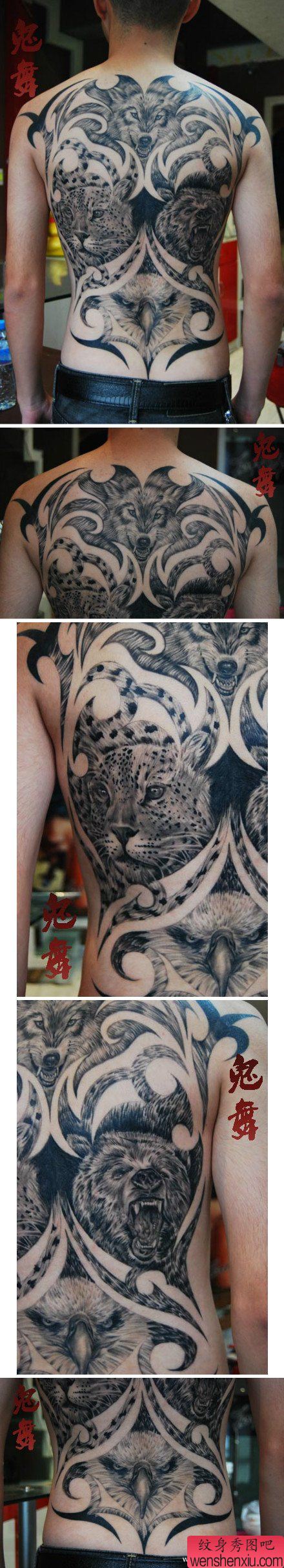 超酷霸气的满背狼老鹰纹身图案