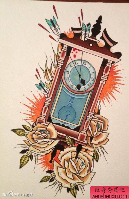 一幅经典流行的钟表玫瑰纹身手稿