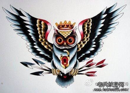 一幅很酷流行的school猫头鹰纹身手稿