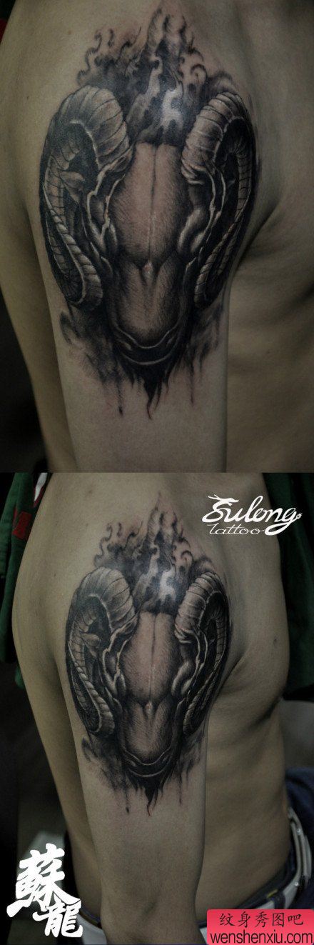 一幅很酷经典的黑白羊头纹身图案