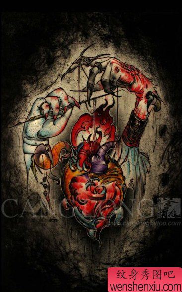 一幅流行很酷的心脏纹身手稿