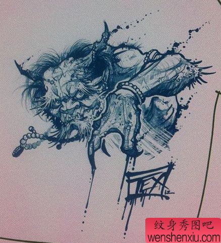 一幅经典很帅的宗教鬼怪纹身手稿