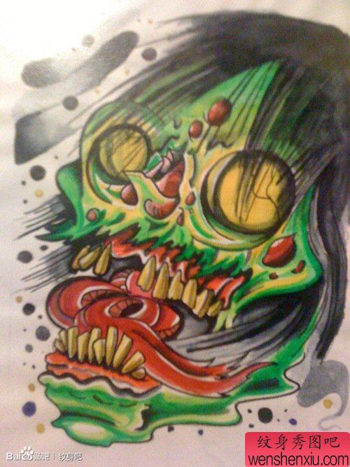 一幅很酷经典的僵尸骷髅纹身图案