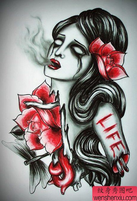 另类超酷的欧美僵尸美女纹身手稿