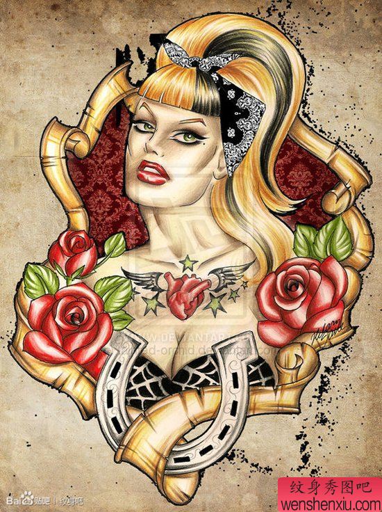 一幅看似强悍的欧美美女纹身手稿