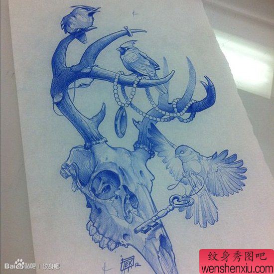 一幅很酷经典的鹿头骷髅纹身图案