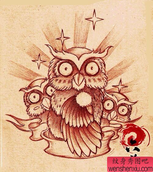 一幅呆呆的有点萌的猫头鹰纹身图案