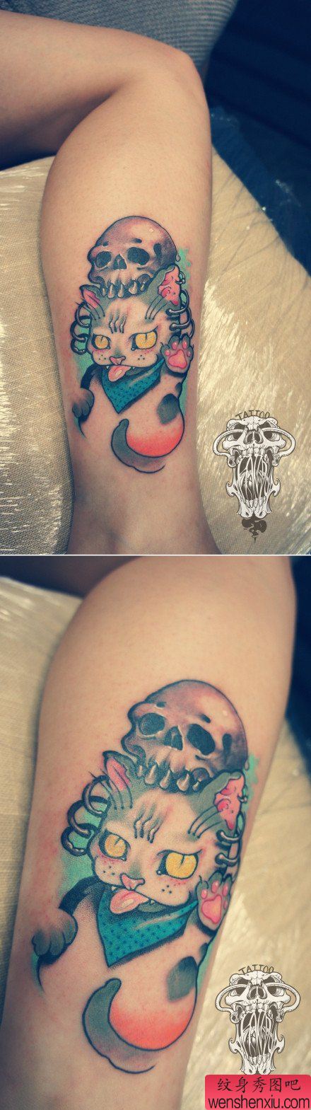 男生腿部一幅流行另类的猫咪纹身图案