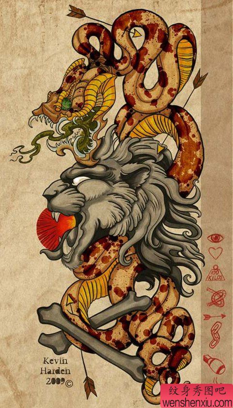 一幅很酷流行的彩色蛇纹身手稿