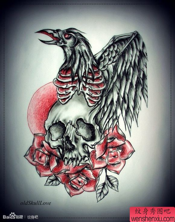 一幅很酷流行的乌鸦与骷髅纹身手稿
