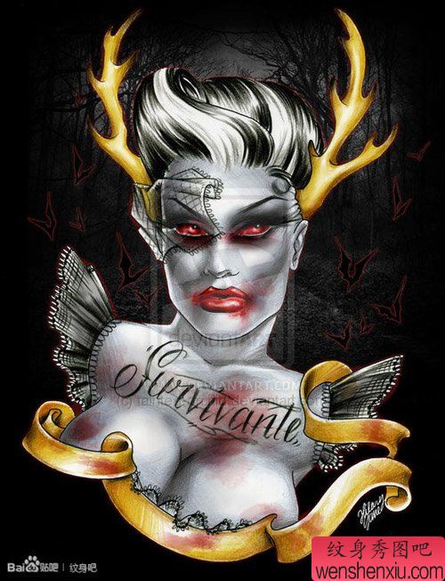 一幅另类很酷的欧美美女纹身手稿