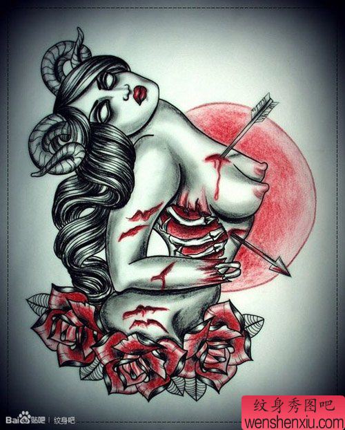 另类流行的一幅欧美美女纹身手稿