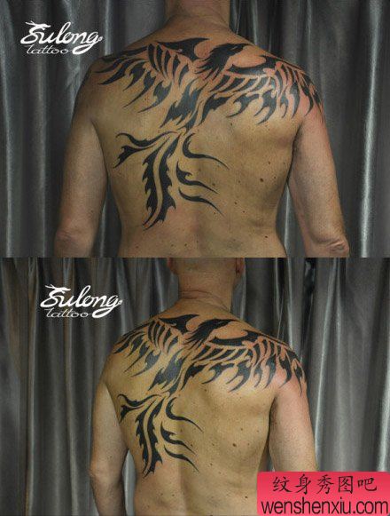 男性后背帅气流行的图腾凤凰纹身图案