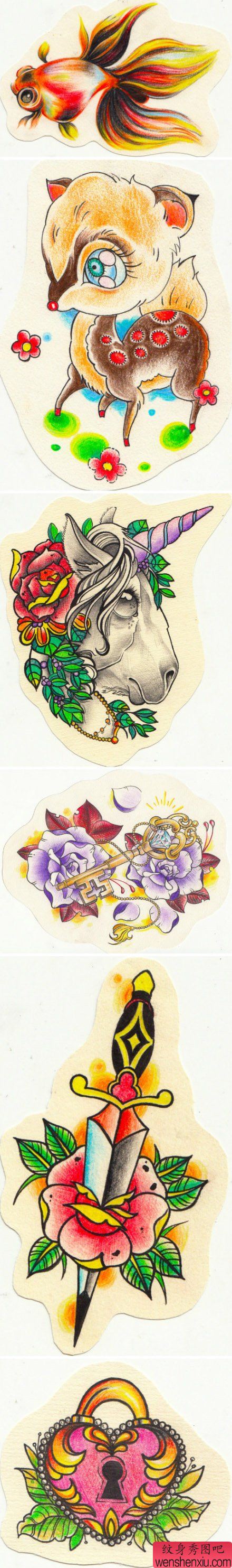 一组精美流行的school纹身手稿