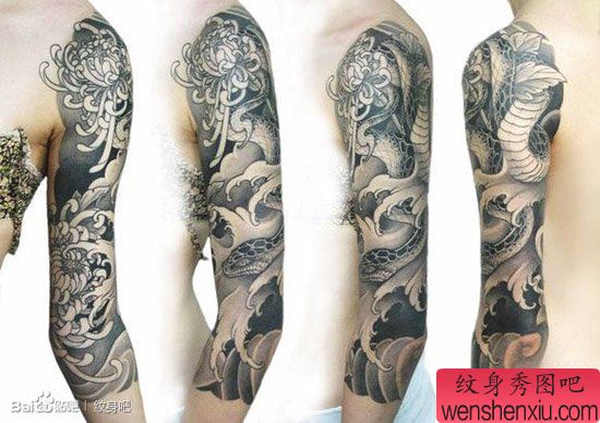 男生手臂流行很酷的传统蛇纹身图案