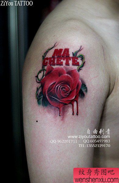 手臂流行写实的彩色玫瑰纹身图案