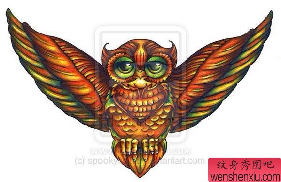 一幅流行很帅的彩色猫头鹰纹身手稿