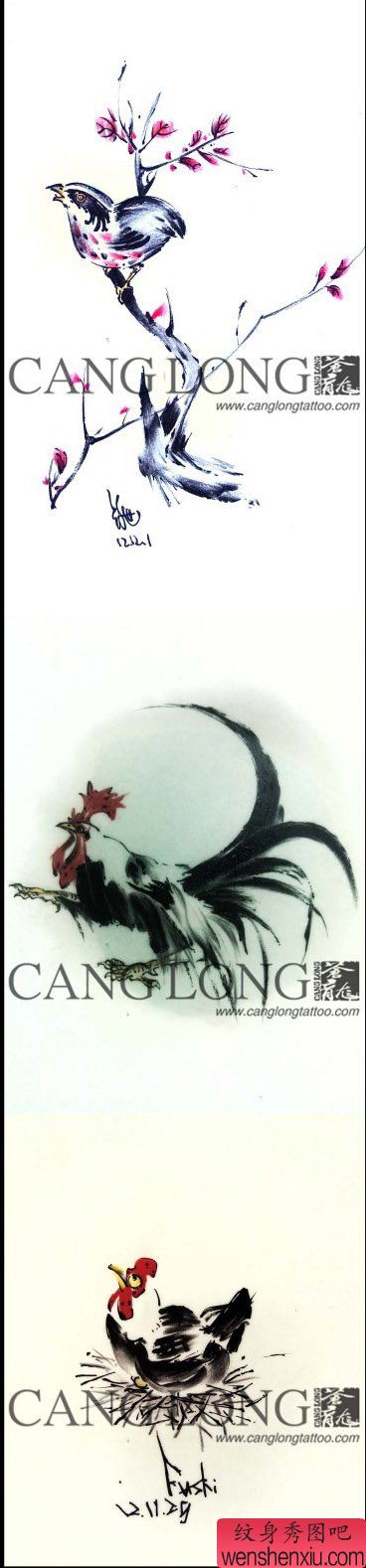 一组流行流行的小鸟与公鸡母鸡纹身手稿