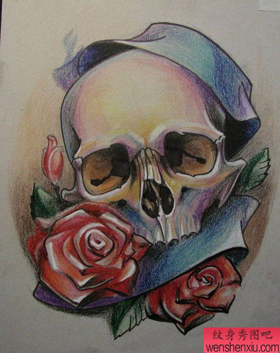 流行经典的一幅欧美彩色骷髅与玫瑰纹身图案