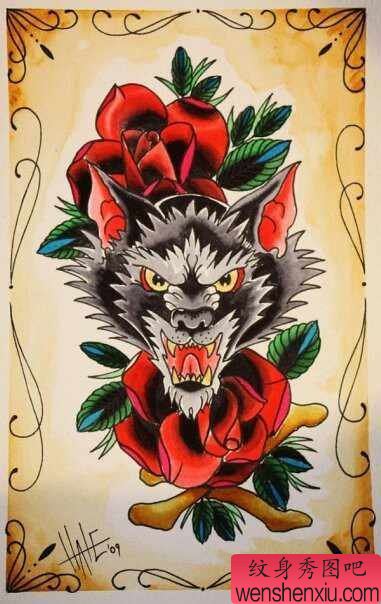 一幅经典流行的的欧美狼头纹身图案