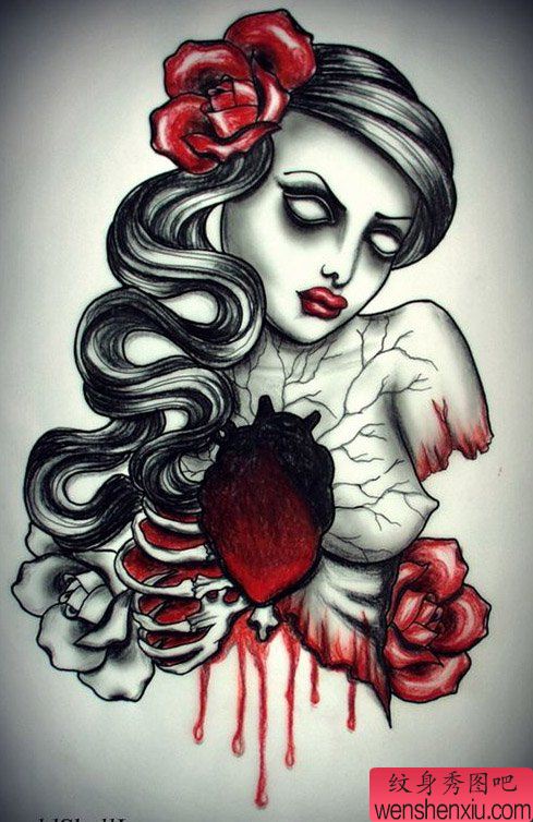 一幅另类的心脏与美女纹身手稿