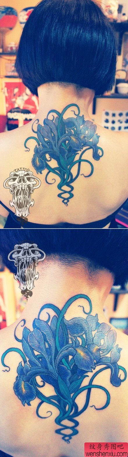 女生后背唯美流行的鸢尾花纹身图案