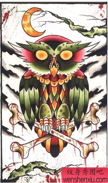 一幅另类流行的猫头鹰纹身手稿
