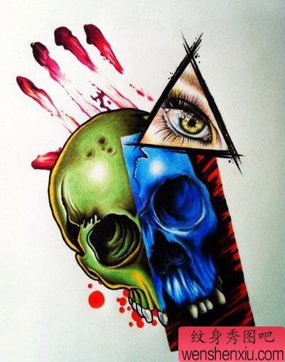 一幅很酷经典的彩色骷髅与眼睛纹身图案