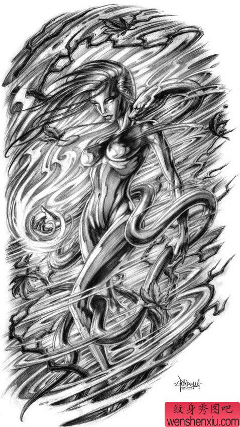 一幅很酷帅气的欧美美女纹身手稿