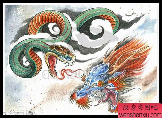 一幅很帅经典的蛇与龙头纹身手稿
