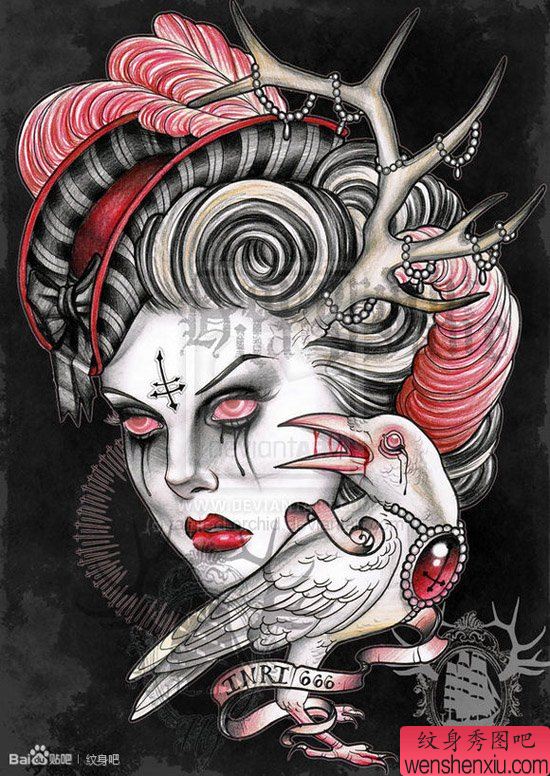 一幅另类很酷的欧美美女与乌鸦纹身手稿