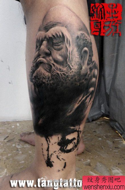 男性腿部超酷的达摩祖师纹身图案