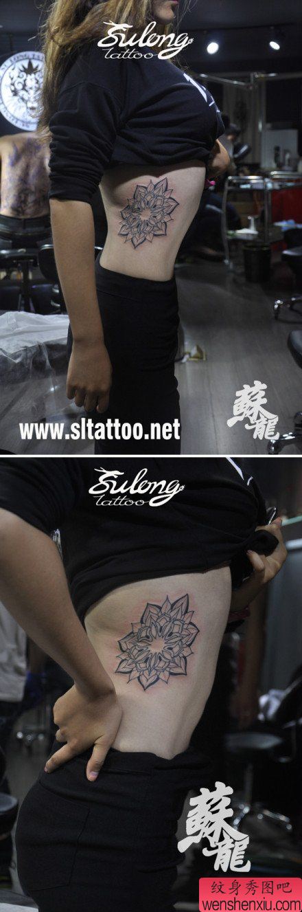 女生侧腰精美的花卉图腾纹身图案