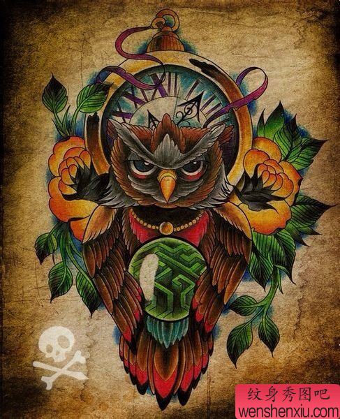 一幅流行很酷的猫头鹰纹身手稿