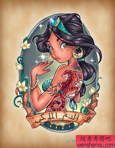 一幅流行可爱的阿拉丁神灯小公主纹身手稿